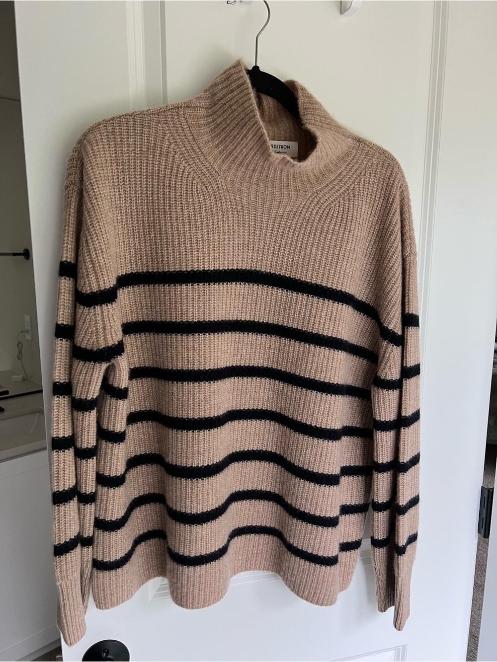 Nordstrom Beige Mock Neck Sweater with Black Stripes